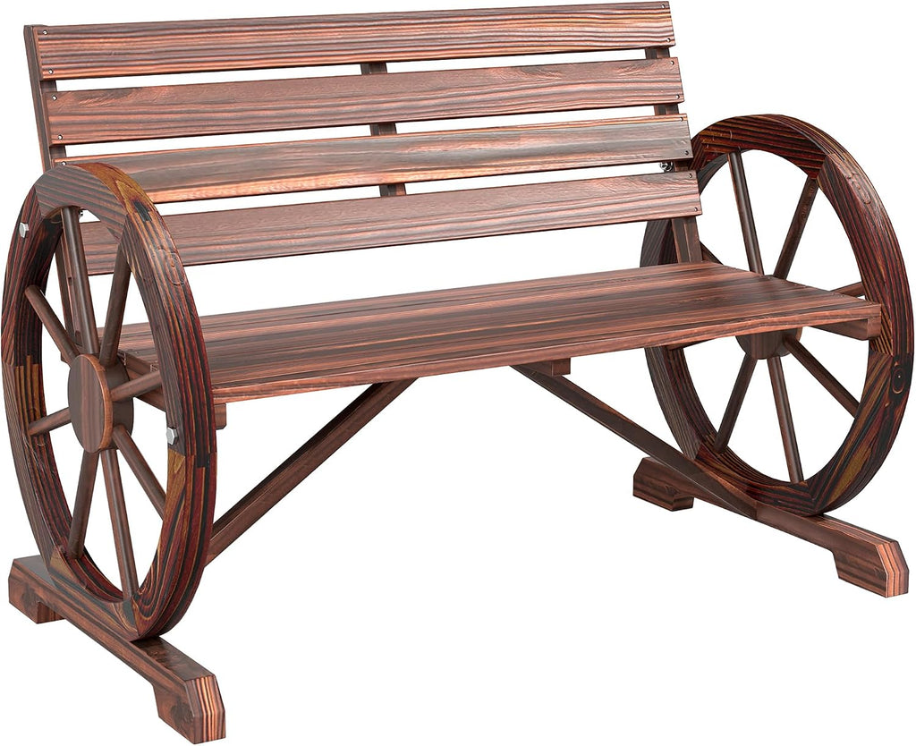 Wooden Bench, 41 Inch Wagon Wheel Patio Garden Loveseat, Rustic Outdoor 2-Person Slatted Seat Bench with Backrest for Porch Deck Backyard Lawn, Carbonized