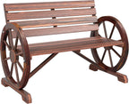Wooden Bench, 41 Inch Wagon Wheel Patio Garden Loveseat, Rustic Outdoor 2-Person Slatted Seat Bench with Backrest for Porch Deck Backyard Lawn, Carbonized