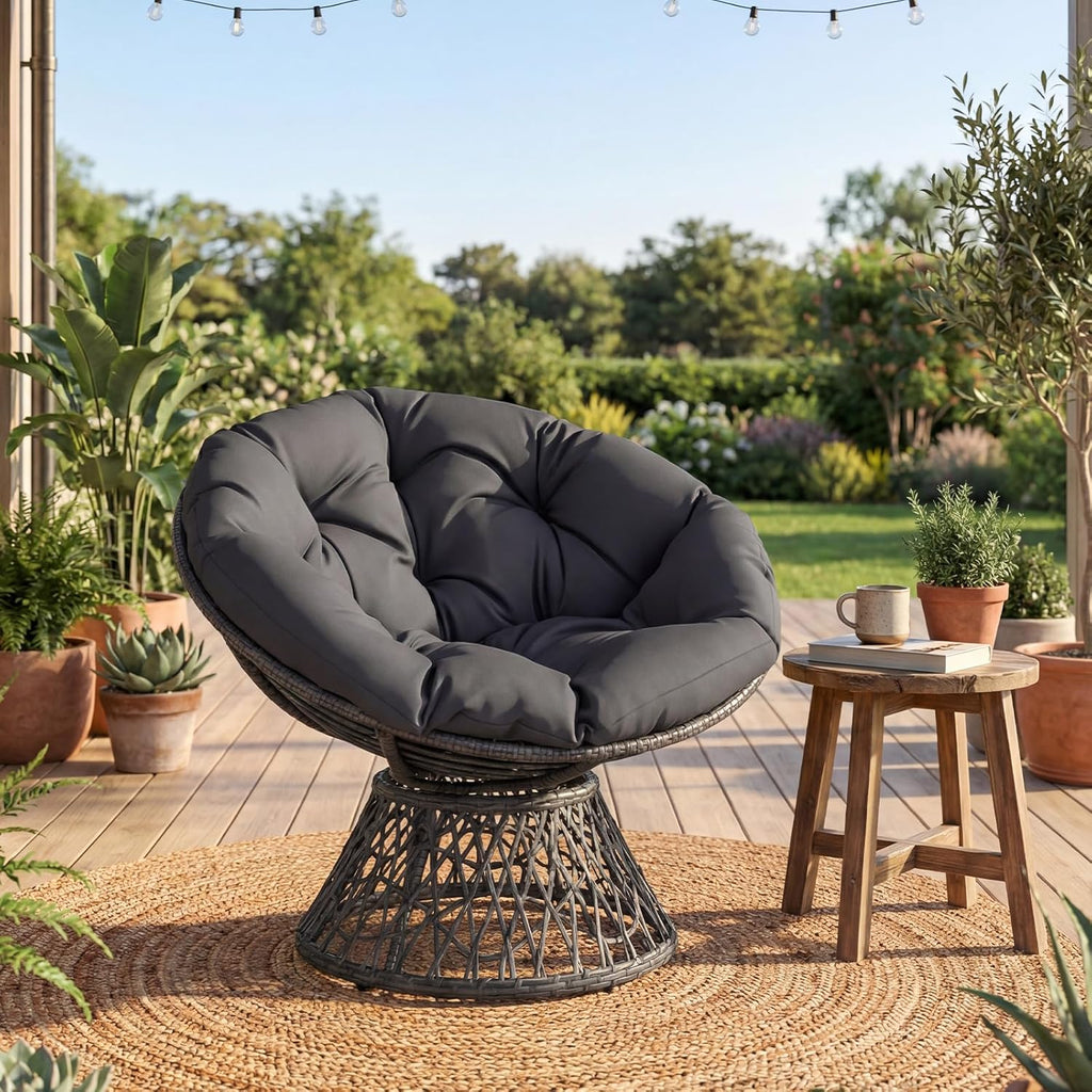 Giantex Wicker Papasan Chair with Soft Thick Cushion and High Capacity Metal Frame, 360° Swivel Ergonomic Lounge Reading Chair for Living Room, Bedroom, Patio, Indoor Outdoor Use (Grey)
