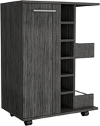 Tuhome Bar Cart, Two External Shelves, Four Casters, Six Built-in Wine Rack, Single Door Cabinet -Smokey Oak