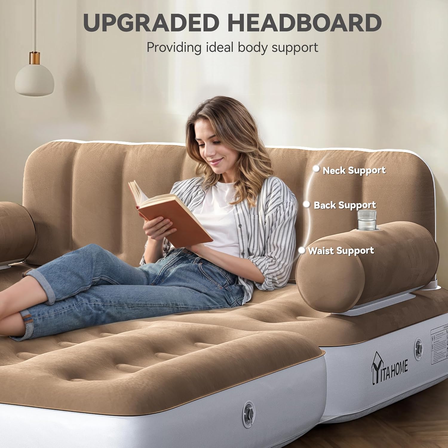 YITAHOME Queen Size Air Sofa Bed Mattress with Headboard and Pump, Blow Up Couch Inflatable Bed for Home Living Room, 79" x 60" x 25" (Expanded Size, Brown)
