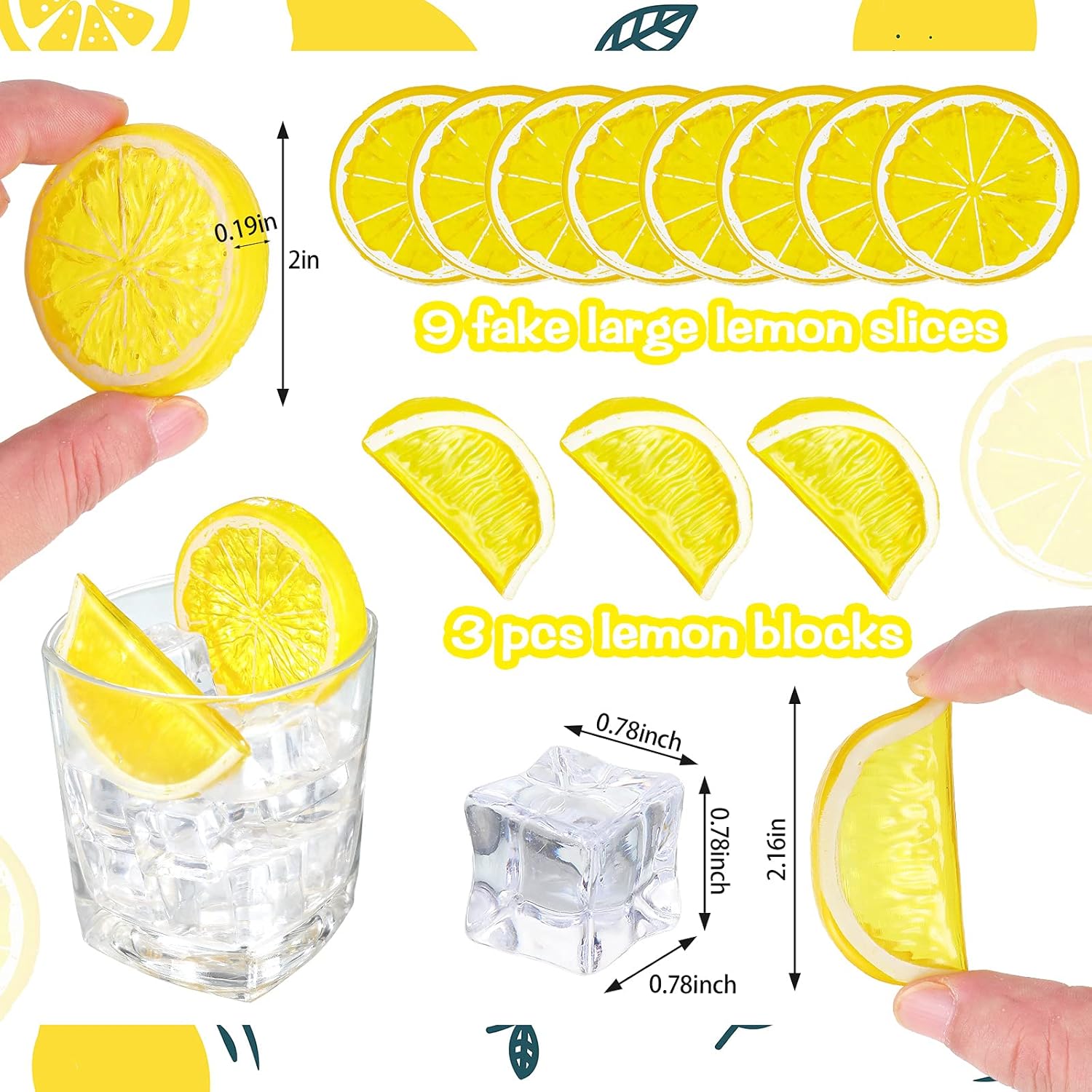 42 Pieces Acrylic Fake Lemon Slices Ice Cubes Artificial Plastic Lemon Slice Set Blocks Simulation Lemon Block Double Side Decorative Fake Fruit Model for Party Wedding Kitchen Decoration Photo Props