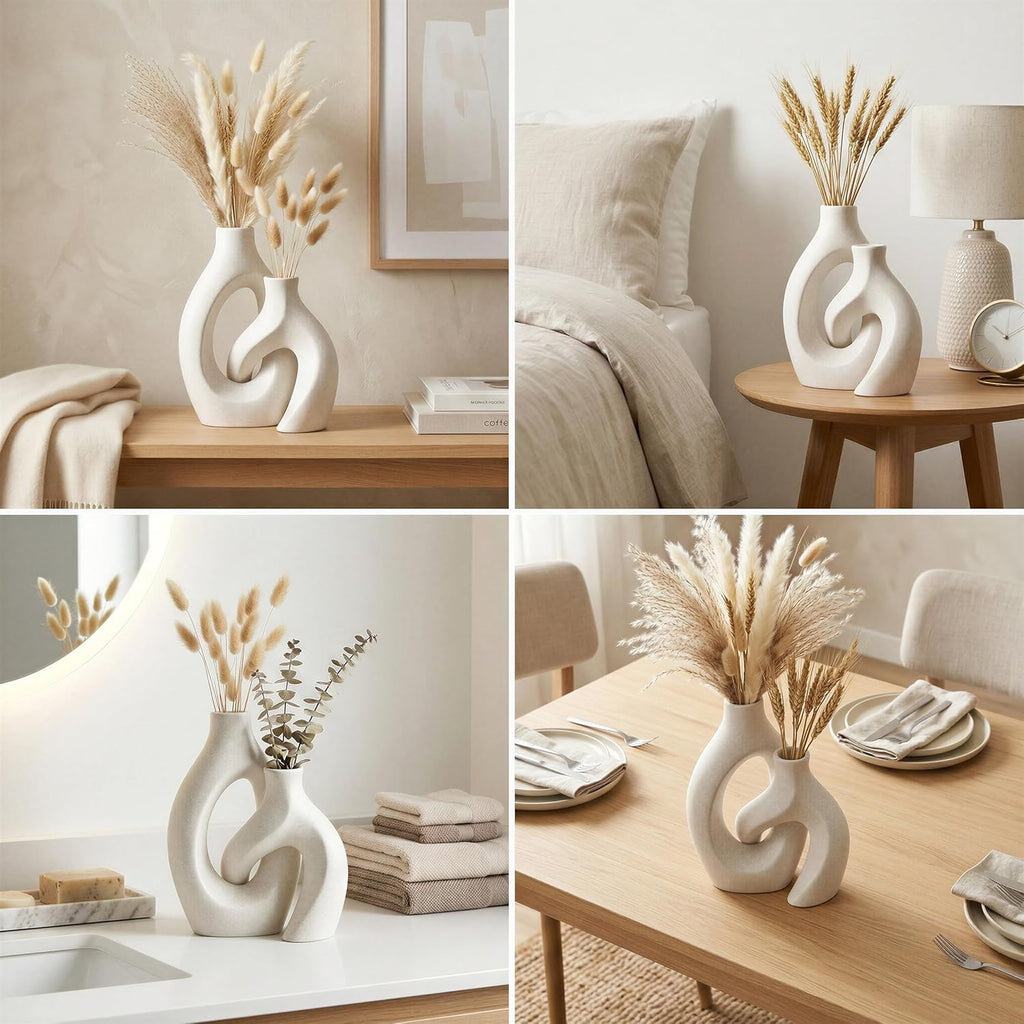 White Ceramic Vase Set of 2, Hollow Oval Flower Vases for Decor, Handmade Nordic Minimalist Ceramic Vase for Pampas Grass, Living Room, Farmhouse & Boho Home Decor, Housewarming Gifts