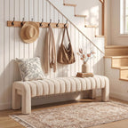 63’’ Bedroom Bench, Upholstered End of Bed Bench with Solid Wood Legs, Modern Cushioned Dining Bench with Full Covered Fabrics for Entryway, Bedroom, Living Room (Beige, Linen)
