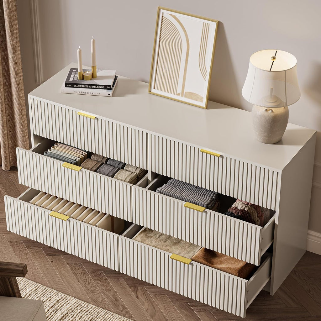 MAISONARIA 6 Drawer Dresser for Bedroom, 55" Wide Modern Chest of Drawers with Gold Metal Handles, Fluted Wood TV Stand for Living Room, Hallway(Beige)