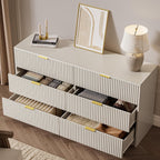 MAISONARIA 6 Drawer Dresser for Bedroom, 55" Wide Modern Chest of Drawers with Gold Metal Handles, Fluted Wood TV Stand for Living Room, Hallway(Beige)