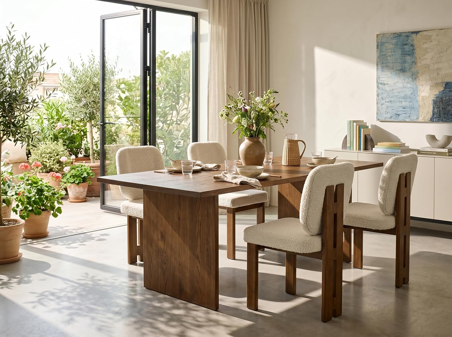 CIMOTA Modern Boucle Dining Chairs Set of 4, Upholstered Armless Side Chairs with Ergonomic Curved Back/Walnut Wood Legs, Mid-Century Accent Chairs for Kitchen or Dining Room, Beige