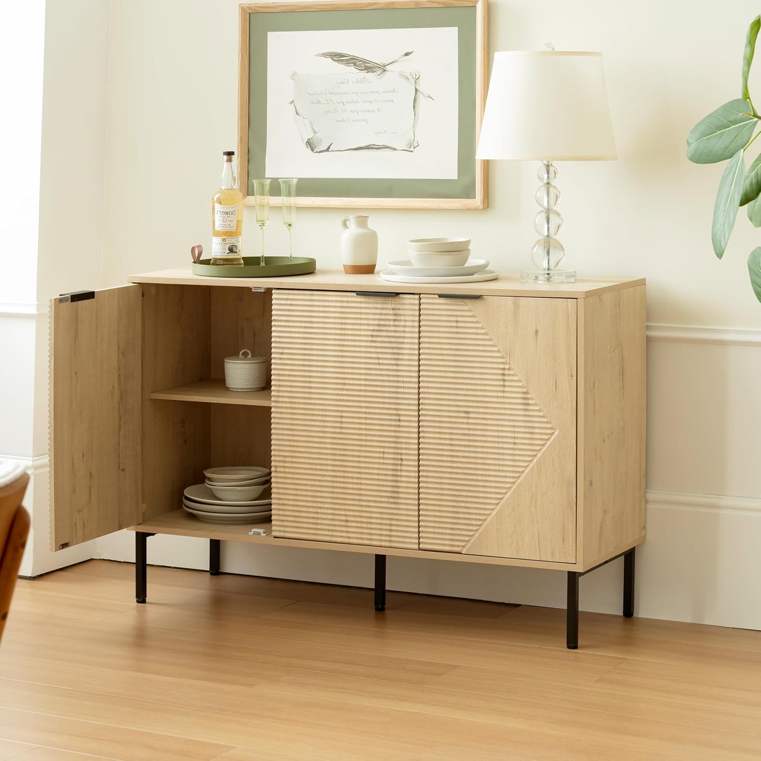 Buffet Cabinet with 3 Fluted Doors, Large Coffee Bar Table, Wooden Storage Cabinet, Modern Farmhouse Sideboard Credenza for Dining Room, Kitchen, Living Room, 15.35"x45.98"x31.5", White Oak