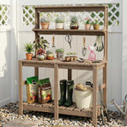 Outdoor Potting Bench with 3 Tier, All-Weather Patio Potting Table with Tool Hooks, HDPE Gardening Table for Backyard, Garden, Brown