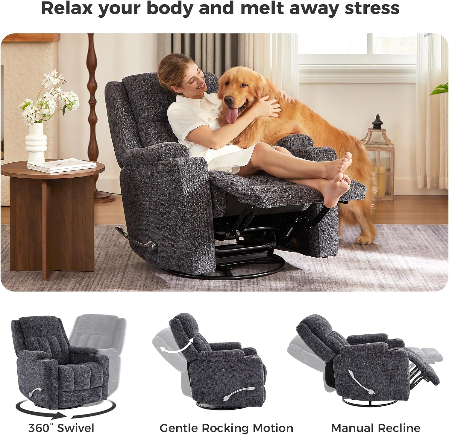 Swivel Rocker Recliner Chair with Dual Cup Holders, 360° Glider Rocking Nursery Armchair, Overstuffed Ergonomic Chenille Reclining Sofa for Living Room, Theater, Gaming, 360 lbs Capacity, Dark Grey