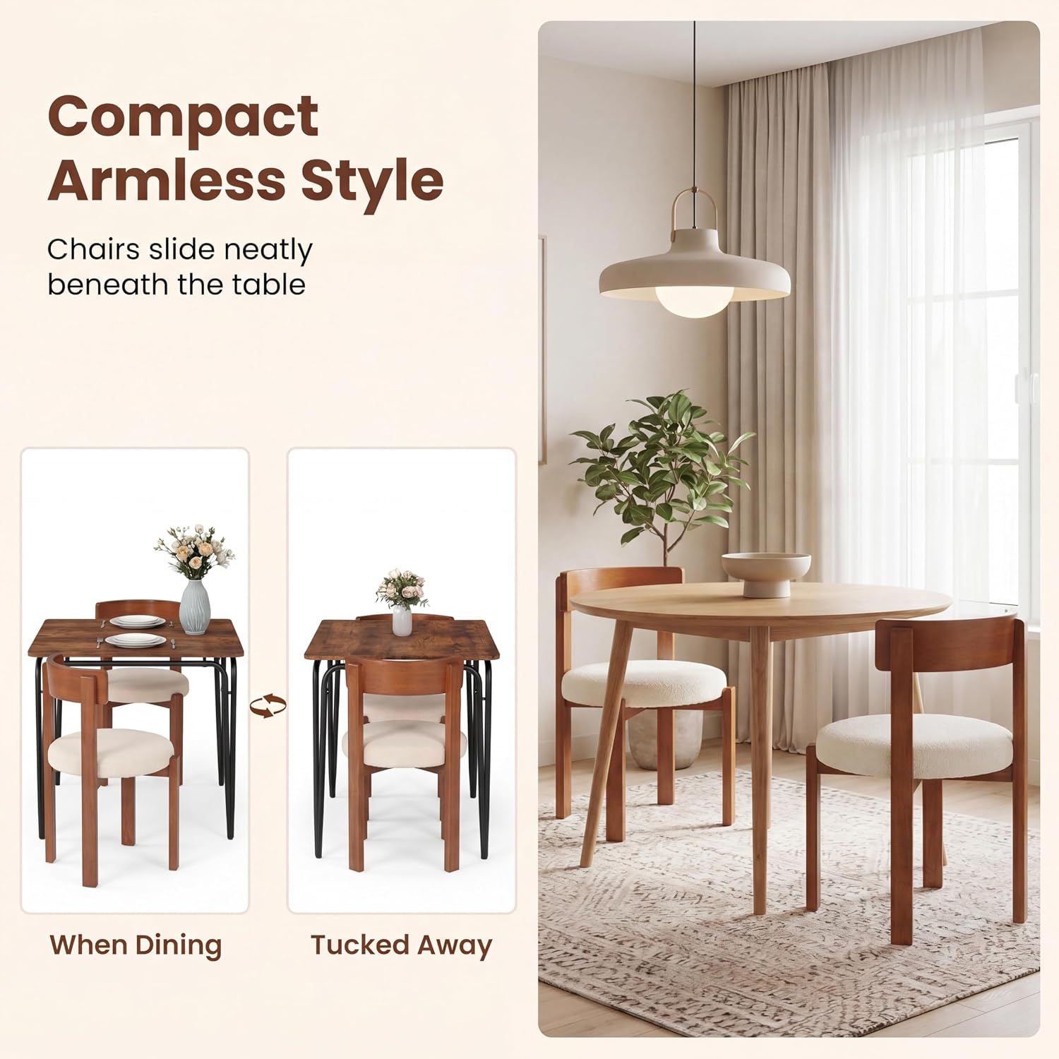COSTWAY Wooden Dining Chairs Set of 4, Armless Upholstered Kitchen Chairs w/Curved Back & Teddy Fleece Padded Seat, Mid-Century Modern Accent Side Chair for Dining Room & Nooks, Small Space (Brown)