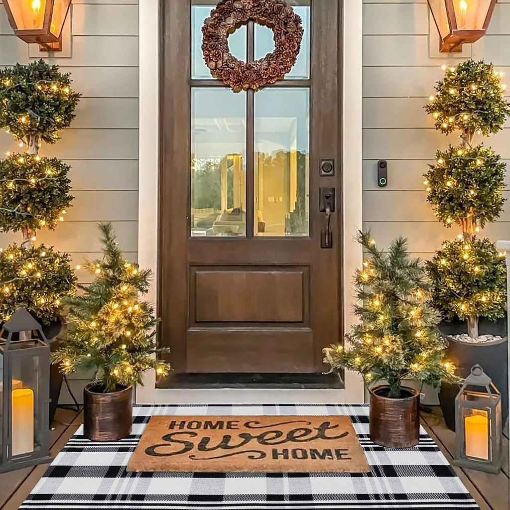 Fall Décor Plaid Rug, 2'4" x 3'7" Black&White Check Indoor/Outdoor Area Rug, Layering Rug for Hello/Welcome Doormat, Machine Washable Cotton Woven Rugs for Farmhouse Front Porch,Entryway