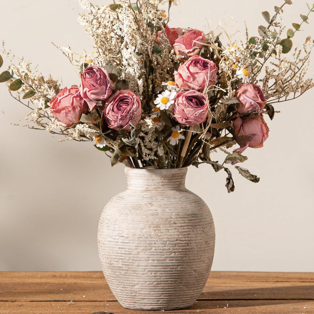 Vanselia Ceramic Flower Vase Home Decor - Small Farmhouse Table Vases Rustic Vintage Living Room Kitchen Bedroom Decorations for House Book Shelf Office Coffee Desk Dining Fireplace (6" Retro)