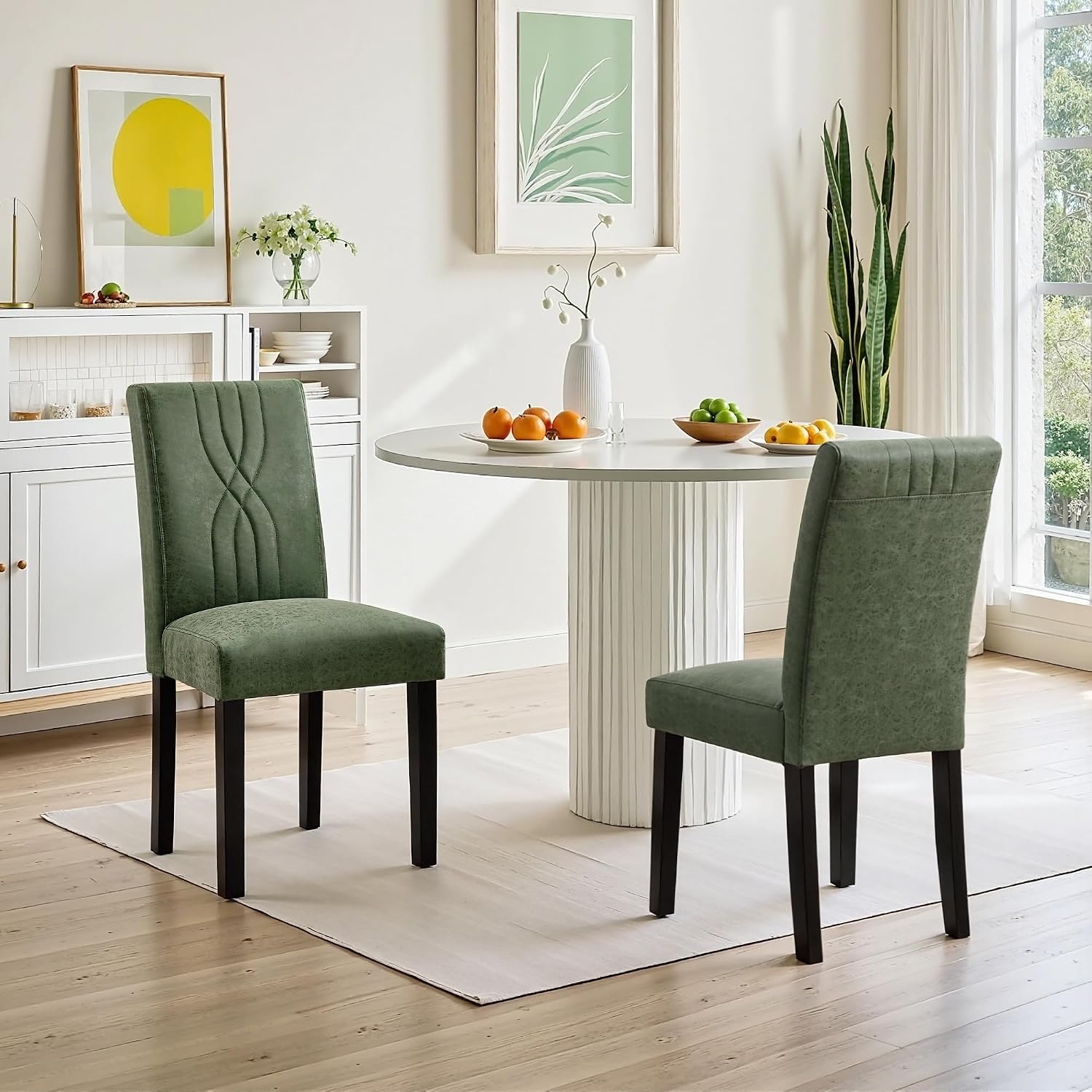 VECELO Upholstered Dining Chairs Set of 6, Modern PU Leather and Solid Wood Legs & High Back for Kitchen/Living Room- Green