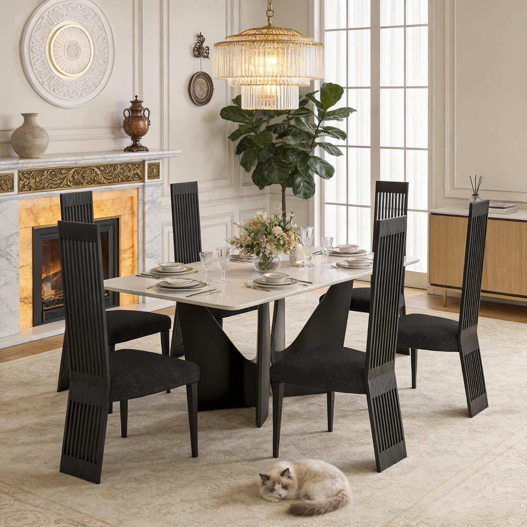 Modern Black Dining Chairs Set of 6, Upholstered High Back Dining Chairs with Stainless Steel Backrest and Legs, Luxury Dining Room Chairs for Kitchen Living Room Restaurant