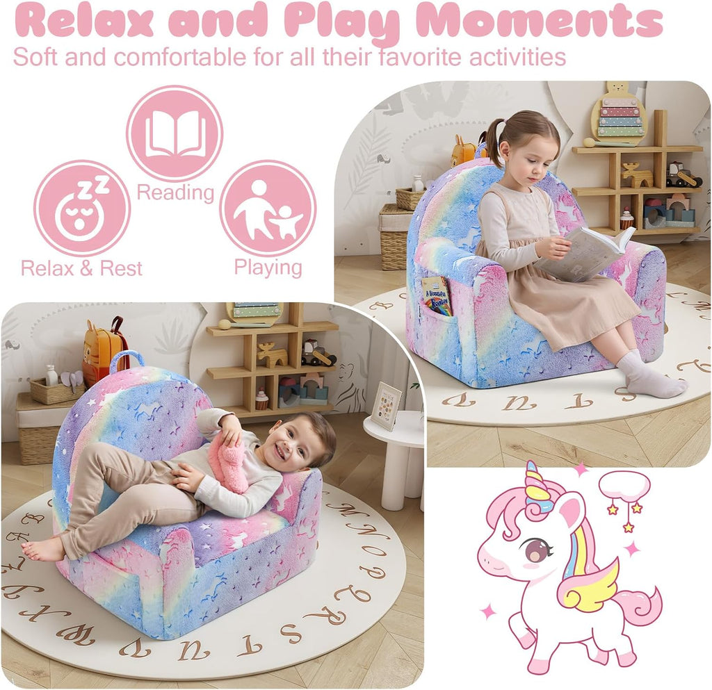 MeMoreCool Comfy Kids Chair for Ages 3+, Glow Unicorn Kids Reading Chair, Soft Plush Kids Armchair, Cozy Foam Kids Armchair for Kids Room, Living Room, Playroom, Reading Nook
