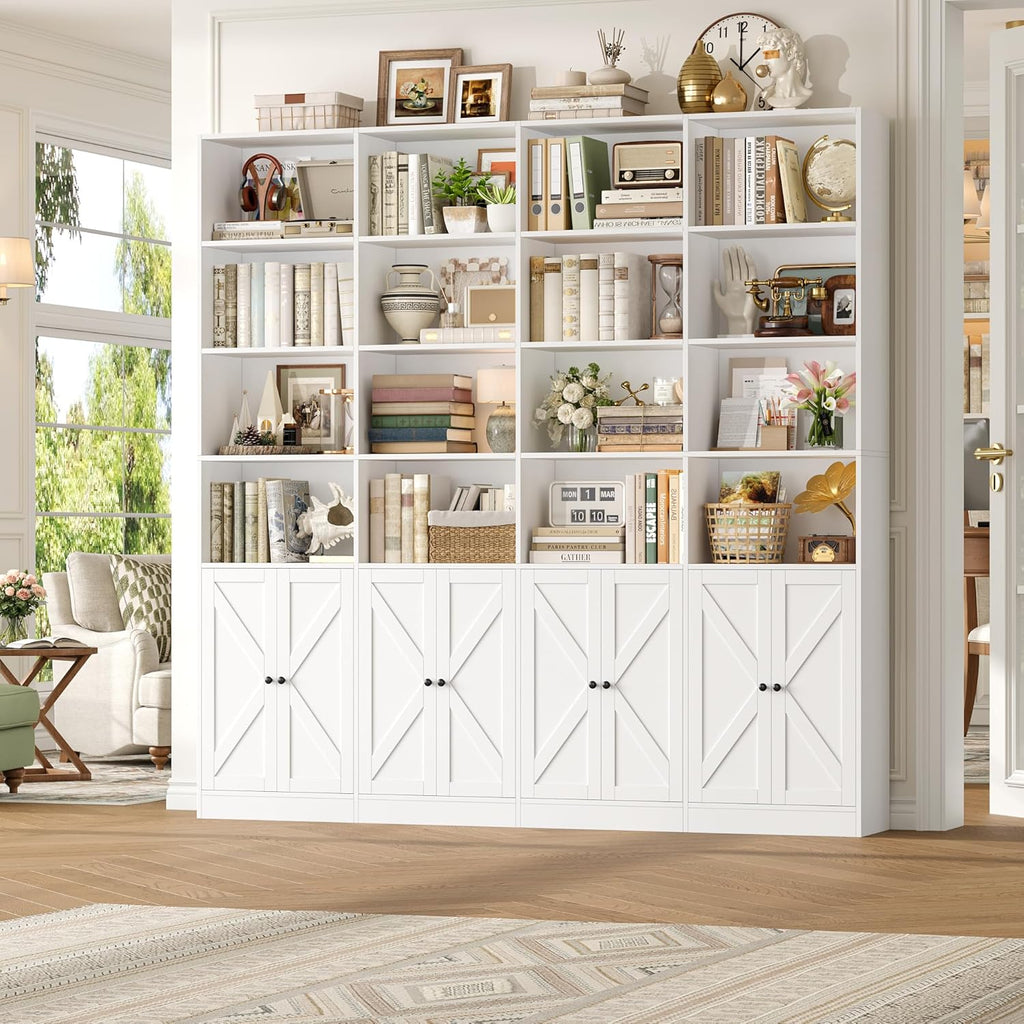 FACBOTALL 70.9" Wide Bookshelf, 6 Tier Farmhouse Bookshelf with 8 Doors, Large Bookcase with 18 Storage Shelves, Tall Bookshelves and Bookcases, Modern Bookshelves for Living Room, White