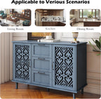 Sideboard Buffet Cabinet, American Farmhouse Blue 2 Door 3 Drawer Storage Credenza, Hollow Carved, Living Room Entryway Kitchen Dining Room Console Table, Home Furniture Decor
