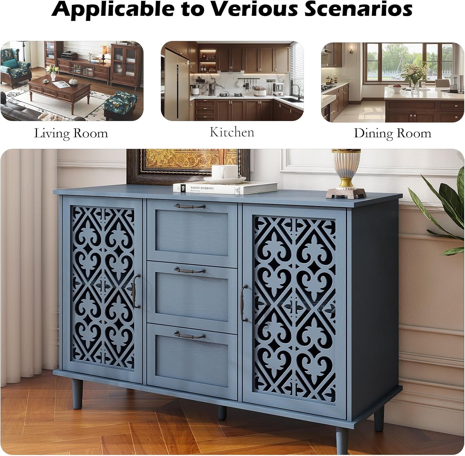 Sideboard Buffet Cabinet, American Farmhouse Blue 2 Door 3 Drawer Storage Credenza, Hollow Carved, Living Room Entryway Kitchen Dining Room Console Table, Home Furniture Decor