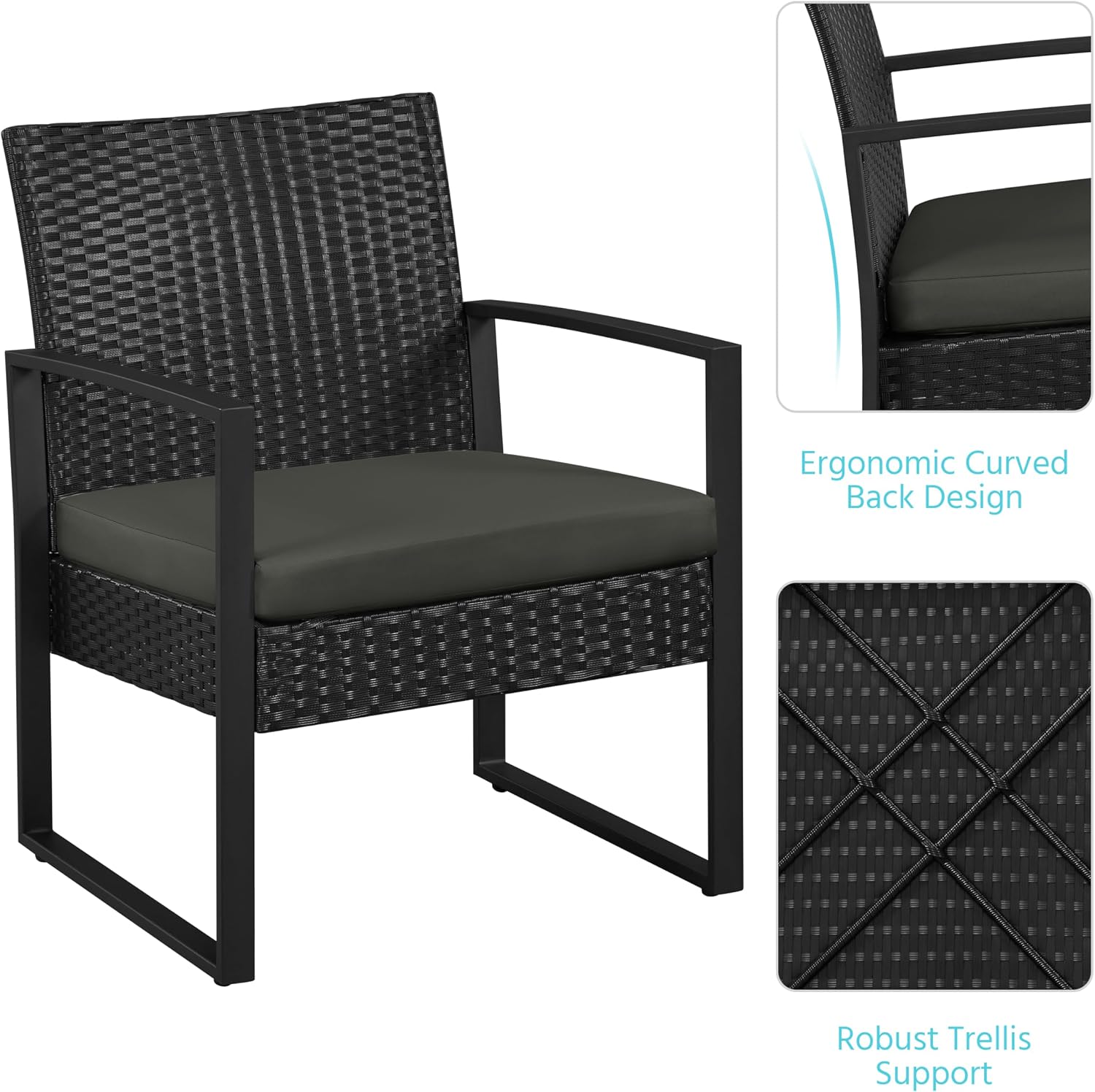 Yaheetech 3 Pieces Rattan Bistro Set, Indoor/Outdoor Wicker Patio Modern Conversation Furniture, 2 Chairs & Tempered Glass Coffee Table for Garden, Balcony, Backyard, Poolside, Black/Gray