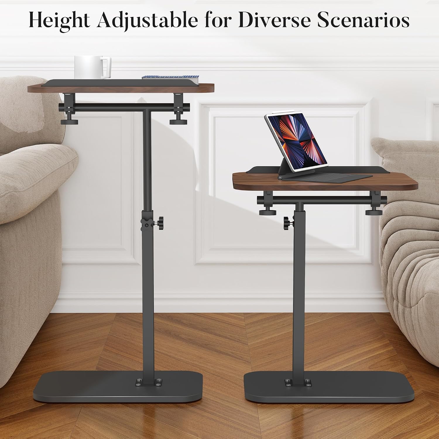 ENNVA Side Table for Couch, Adjustable Height C Shaped End Table, Narrow Sofa Side Table for Living Room & Bedside, Brown Wooden Top with Black Metal Base