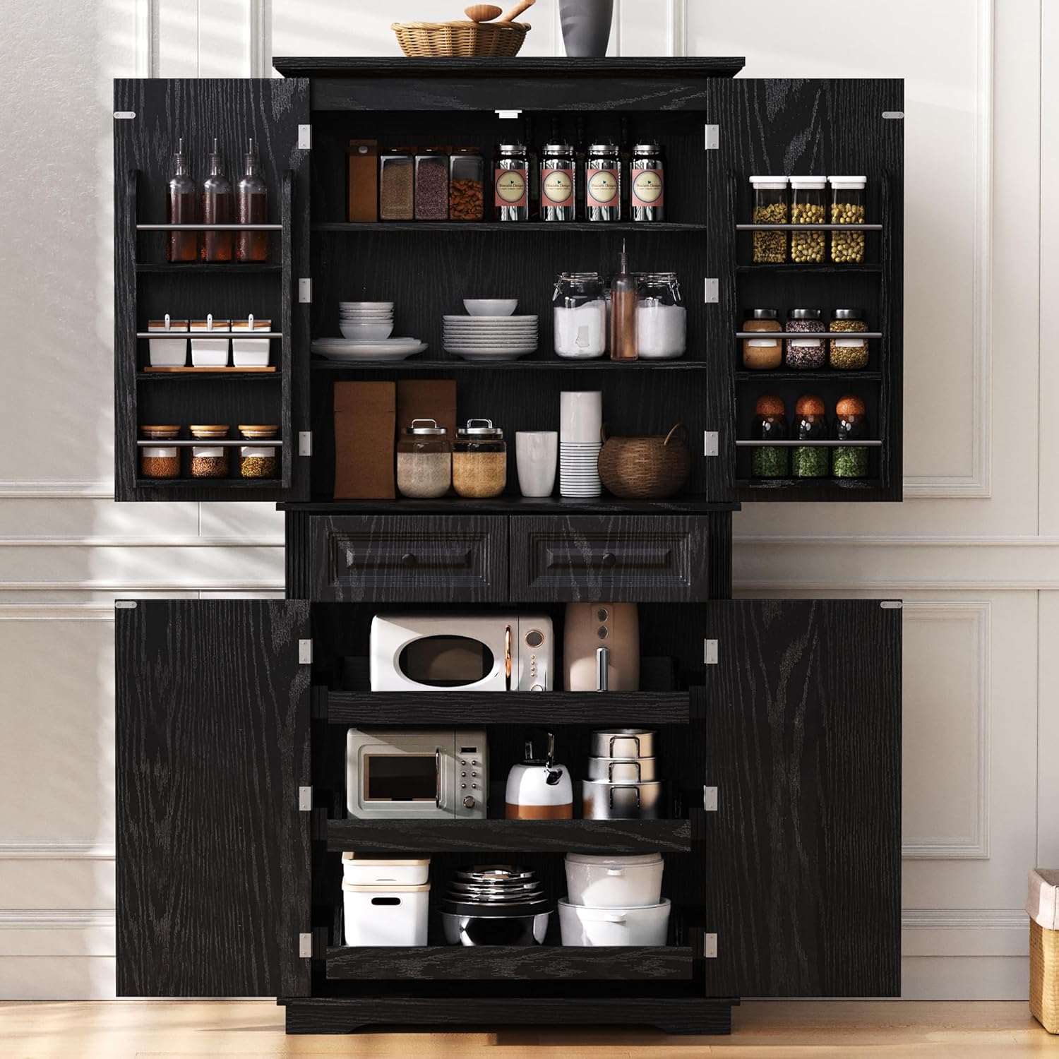 71" Tall Kitchen Pantry Cabinet with 3 Pull Out Organizers, Black Storage Cupboard with 6 Door Shelves, 2 Drawers, Freestanding Pantry for Kitchen Dining Room (Black)