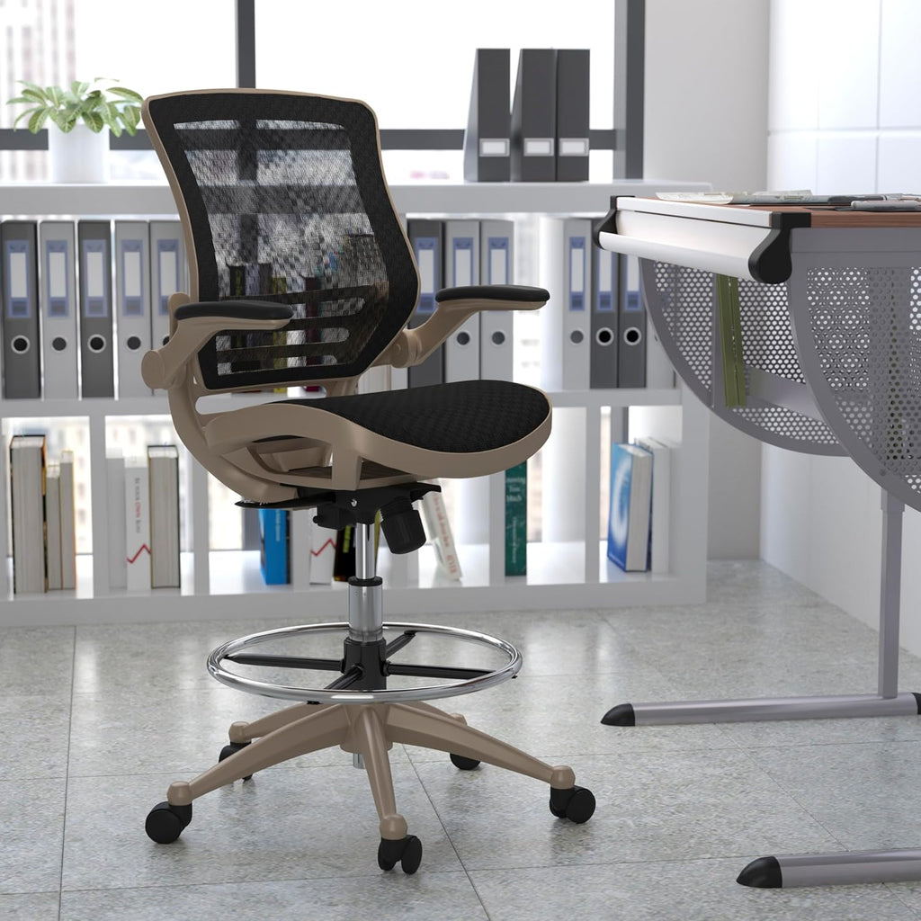 EMMA + OLIVER Mid-Back Transparent Black Mesh Drafting Chair with Gold Frame and Flip-Up Arms