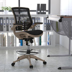 EMMA + OLIVER Mid-Back Transparent Black Mesh Drafting Chair with Gold Frame and Flip-Up Arms