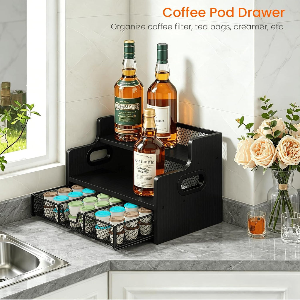 Homode Coffee Syrup Organizer Rack, 3-Tier Syrup Holder Stand with 35 K Cup Storage Drawer, 8 Bottles Capacity, Wood Shelf Liquor Wine Rack for Coffee Bar Countertop, Black