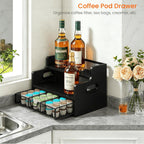 Homode Coffee Syrup Organizer Rack, 3-Tier Syrup Holder Stand with 35 K Cup Storage Drawer, 8 Bottles Capacity, Wood Shelf Liquor Wine Rack for Coffee Bar Countertop, Black
