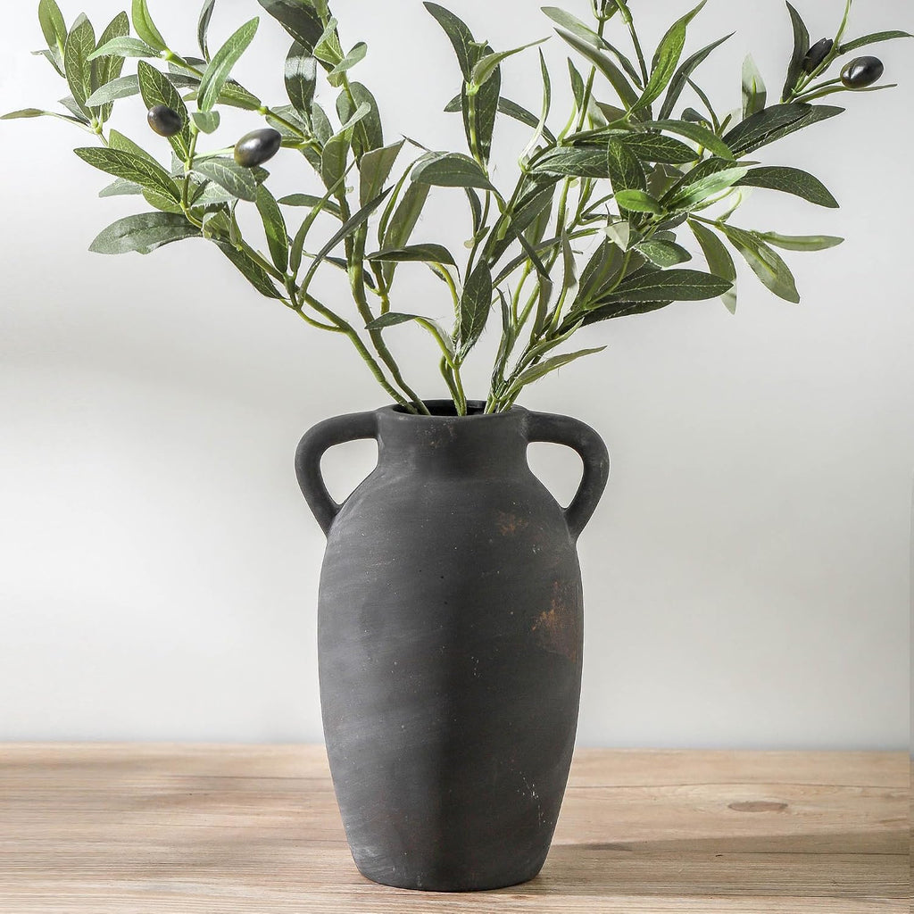 Terracotta Farmhouse Flower Vase, 9.6 Inch Ceramic Rustic Vase with 2 Handles, Decorative Vase Boho Decor for Home Decor, Table, Living Room, Shelf Decoration