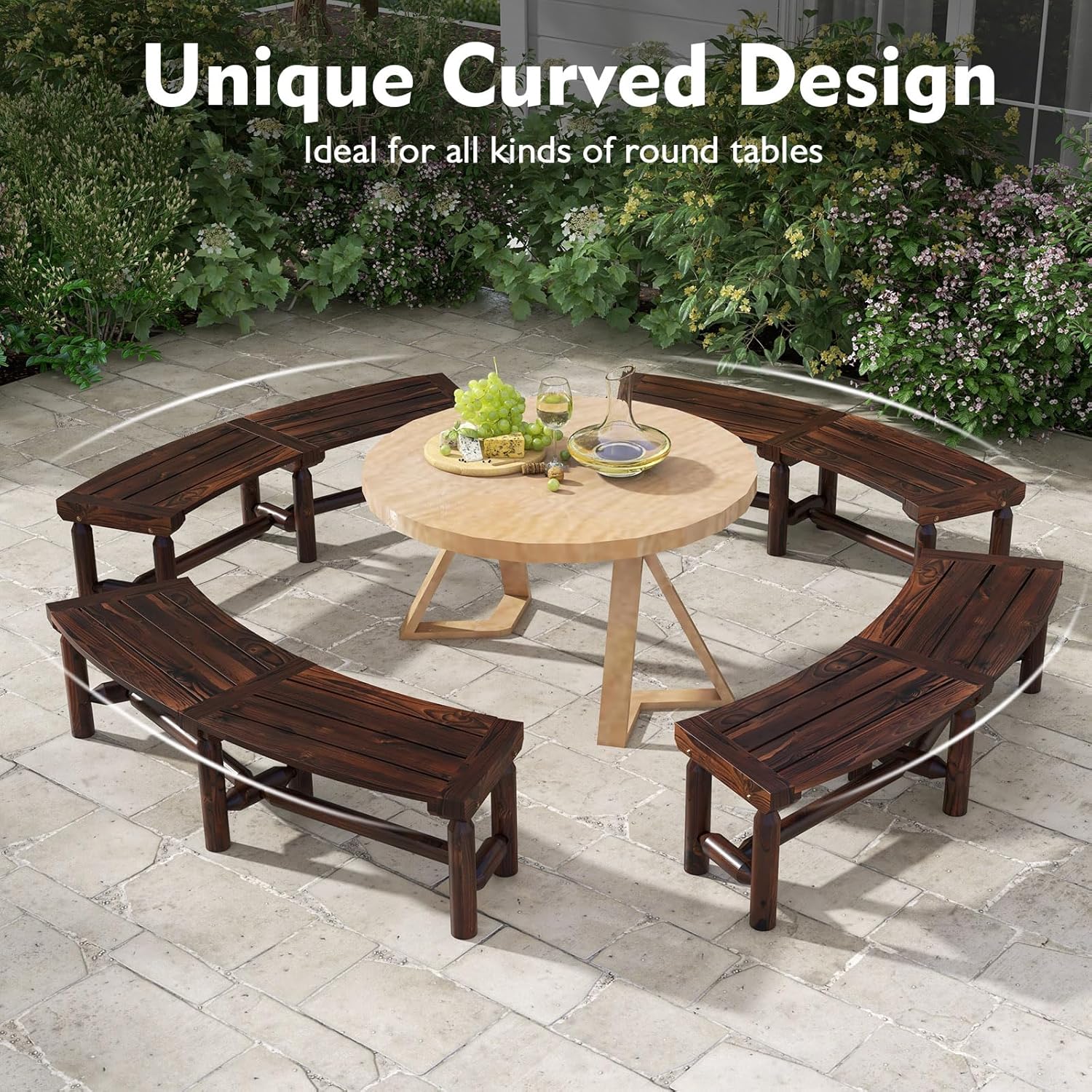 Moccha Outdoor Curved Bench, Carbonized Wood Fire Pit Bench with Slatted Seat, Loveseat, Rustic Wood Outside Chair, Patio Backless 2-Person Seating for Yard Deck Porch, 710 LBS Max Load (2)
