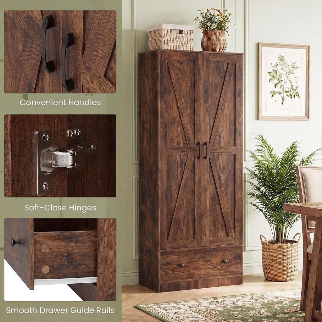 Giantex 72" Tall Kitchen Pantry Cabinet, Farmhouse Wooden Cupboard w/ 2 Doors, Drawer & Adjustable Shelves, Freestanding Versatile Storage Cabinet for Dining Room Living Room Bathroom (Rustic Brown)