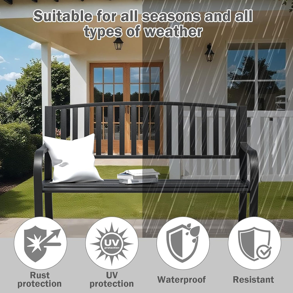 SHGJ&SOFT 50'' Outdoor Bench, Garden Bench, Outdoor Metal Frame Patio Park Bench with Backrest and Armrests,for Porch, Lawn,Garden,Yard (BK-08)