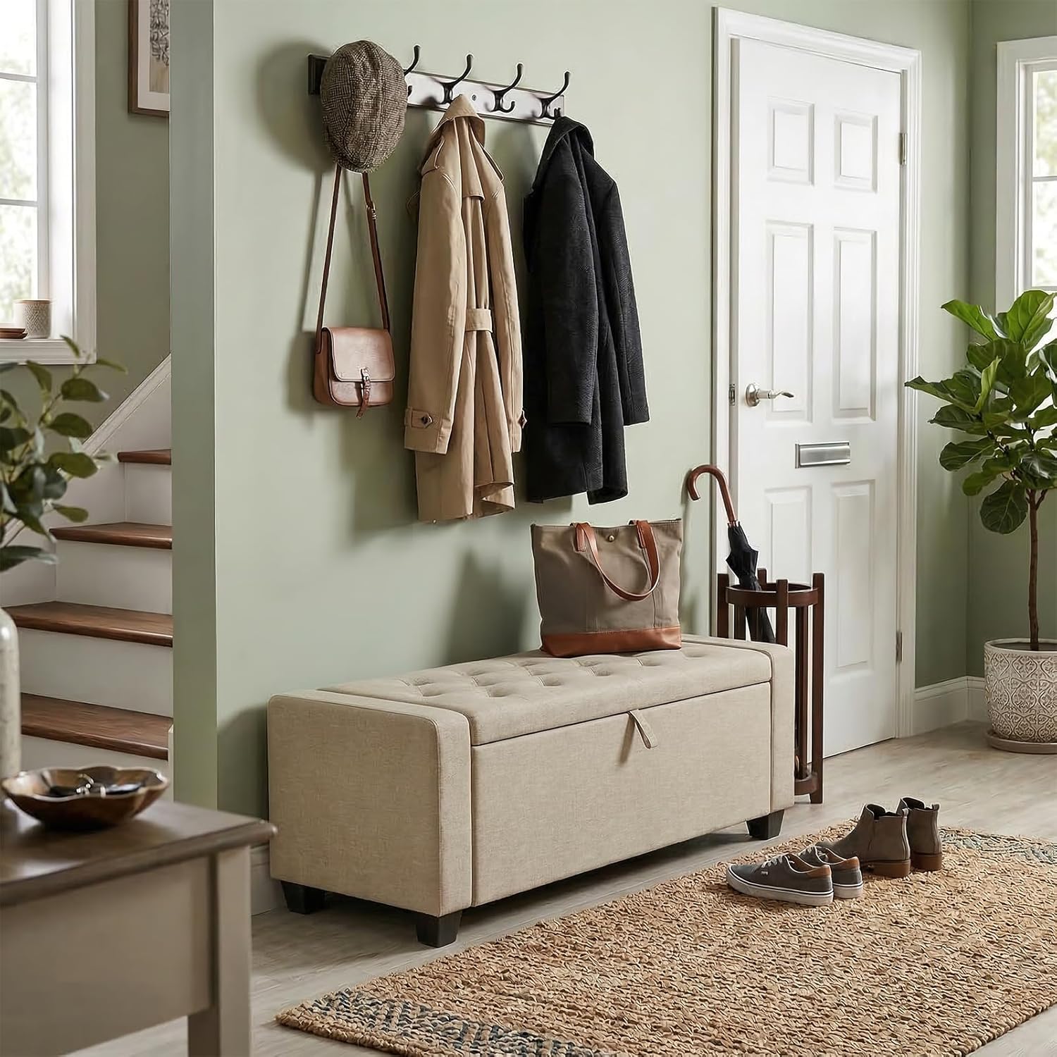 Storage Ottoman Bench, 50" End of Bed Bench with Legs,Storage Chest with Safety Hinge, Modern Entryway Benchs for Living Room, Bedroom, Entryway, Beige