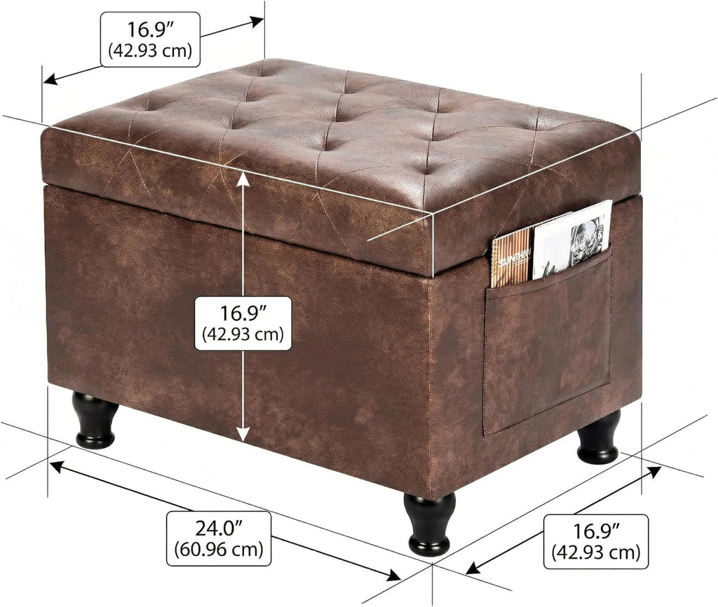 Leather Storage Ottoman Bench Rectangle 24 Inch Foot Rest Ottomans Stool for Living Room Bedroom(Brown)