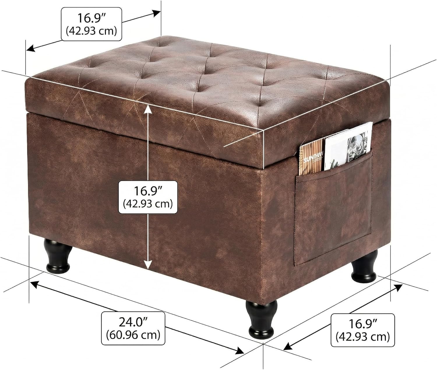 Leather Storage Ottoman Bench Rectangle 24 Inch Foot Rest Ottomans Stool for Living Room Bedroom(Brown)