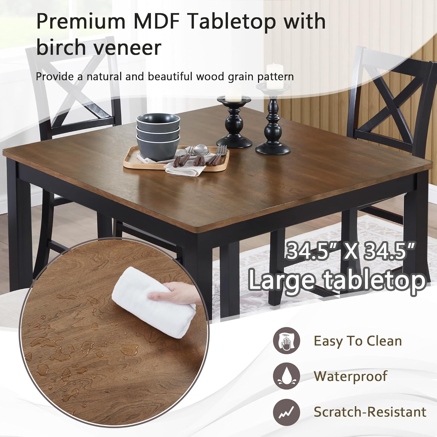 KEIKI 5-Piece Standard Height Dining Table Set with Square Table and 4 X-Shaped Backrest Upholstered Chair, for 4 Person, Modern Wooden Table Set, Easy Assembly, for Kitchen, Dining Room, Black+Oak