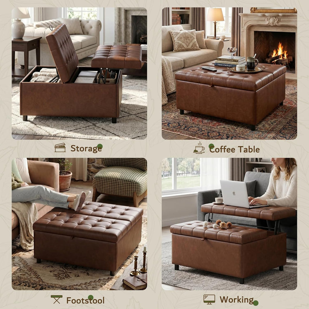 LINLUX Extra Large Leather Storage Ottoman, 35.5 Inch Large Square Lift Top Ottoman Coffee Table with Storage, Tufted Leather Ottoman Footrest Toy Box for Living Room, Brown