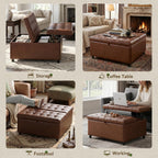 LINLUX Extra Large Leather Storage Ottoman, 35.5 Inch Large Square Lift Top Ottoman Coffee Table with Storage, Tufted Leather Ottoman Footrest Toy Box for Living Room, Brown