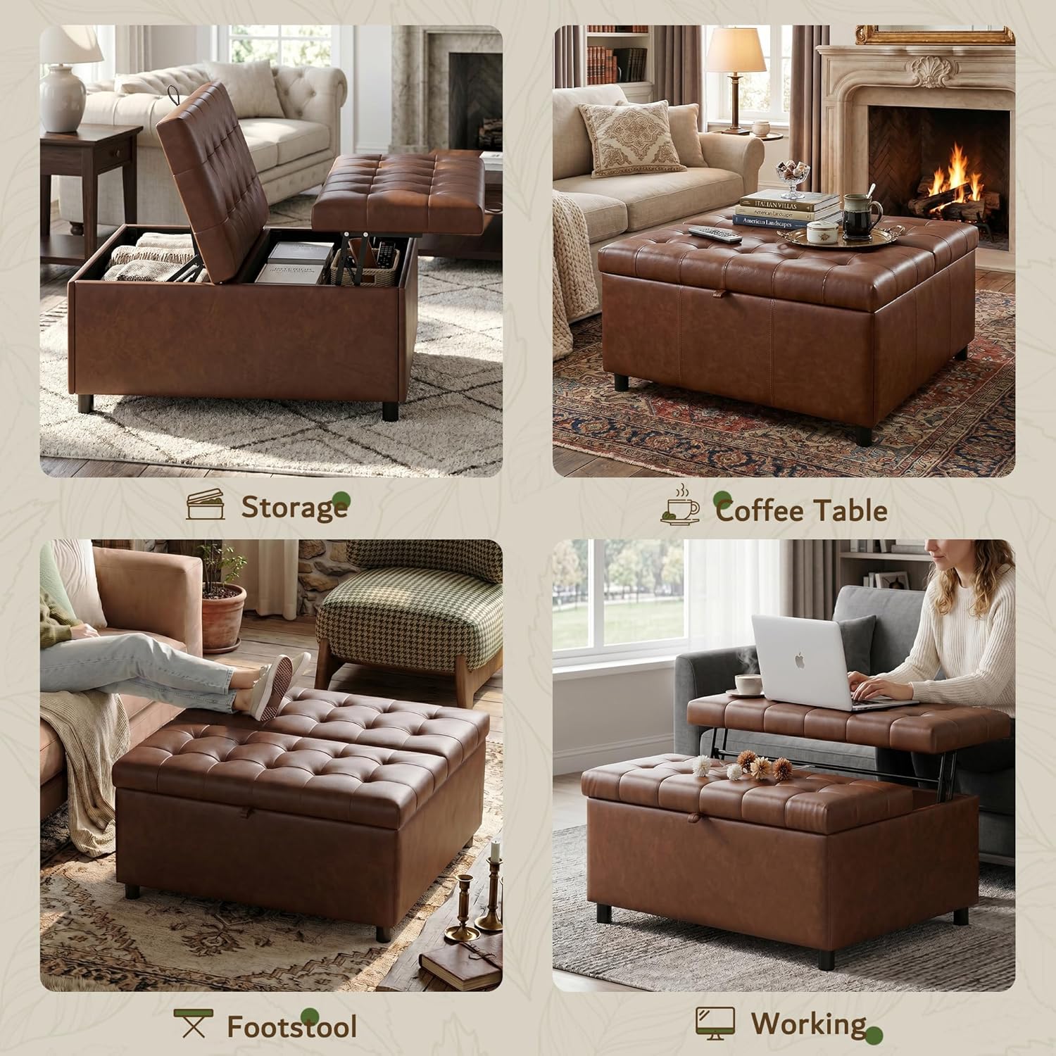 LINLUX Extra Large Leather Storage Ottoman, 35.5 Inch Large Square Lift Top Ottoman Coffee Table with Storage, Tufted Leather Ottoman Footrest Toy Box for Living Room, Brown