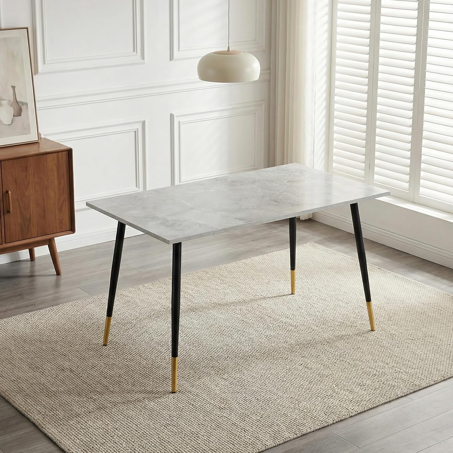 51.18" Rectangular Dining Table, Faux Marble Top Kitchen Table with Metal Frame & Adjustable Feet, Modern Waterproof Scratch-Resistant Table for Dining Room, Living Room & Home Office, Gray White