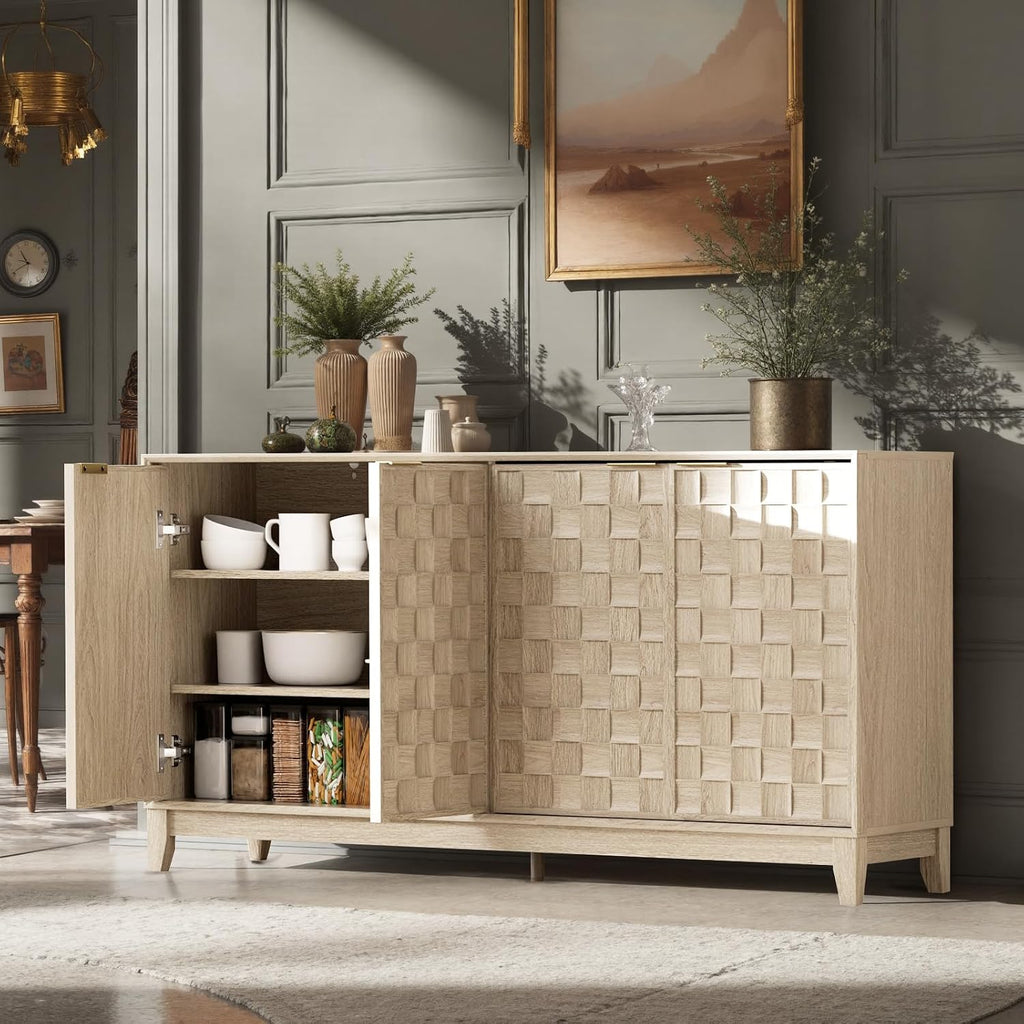 COLAMY 60" Sideboard Buffet Cabinet with Storage, Modern 4-Door Buffet Table with 3D Checkerboard Doors & Solid Wood Legs, Large Coffee Bar Cabinet for Dining Room, Living Room, Entryway, Oak Mist
