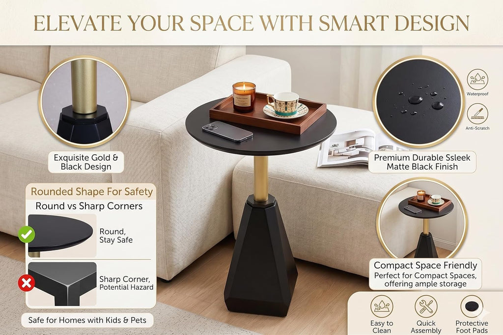 Round Wood Side Table, Coffee Nightstand Cocktail Drink Modern Accent Circle End Table, Wood Pedestal Base for Living Room, Bedroom, Small Spaces, Offices, Black
