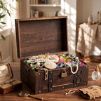 Domensi Set of 2 Vintage Wooden Treasure Chest Box with Locks Large and Small Decorative Keepsake Box Retro Rustic Pirate Storage Treasure Chest for Jewelry Gifts Home Decor (Large,Square)