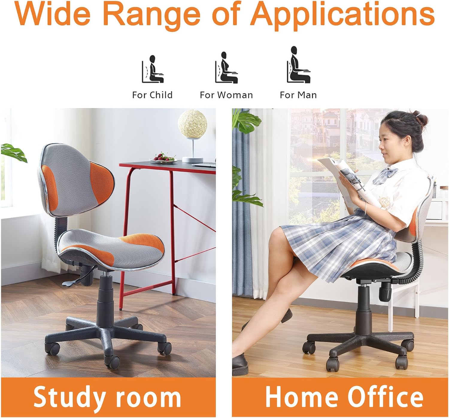 JJS Home Office Low Back Computer Executive Chair, Ergonomic Mesh Chair with Extra Large Base and Pads, Grey/Orange