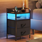 Huuger Nightstands Set of 2, Night Stand with LED Lights, Charging Station and USB-C Ports, 2 Drawers Bed Side Table, Open Shelf, 2-Way Power Panel Install, End Table for Bedroom, Black