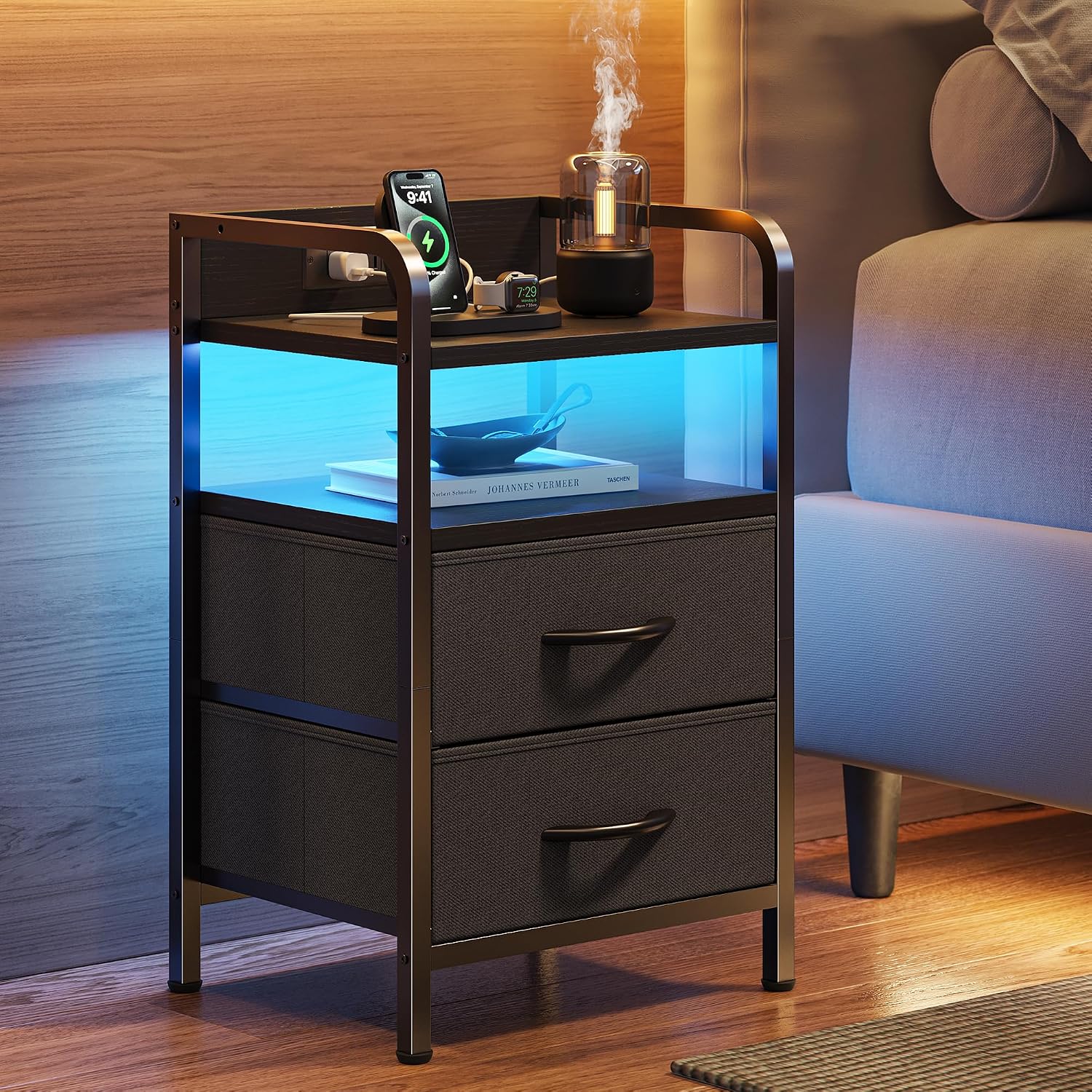 Huuger Nightstands Set of 2, Night Stand with LED Lights, Charging Station and USB-C Ports, 2 Drawers Bed Side Table, Open Shelf, 2-Way Power Panel Install, End Table for Bedroom, Black