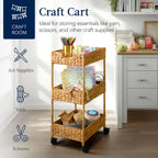 Best Choice Products 3-Tier Water Hyacinth Rolling Nursery Caddy w/Wheels, Utility Cart, Storage Organization for Bathroom, Craft Room, Laundry Room - Natural