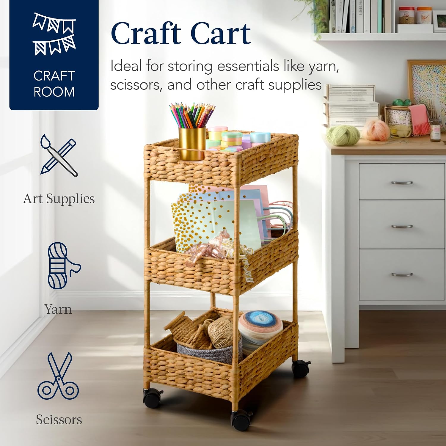 Best Choice Products 3-Tier Water Hyacinth Rolling Nursery Caddy w/Wheels, Utility Cart, Storage Organization for Bathroom, Craft Room, Laundry Room - Natural